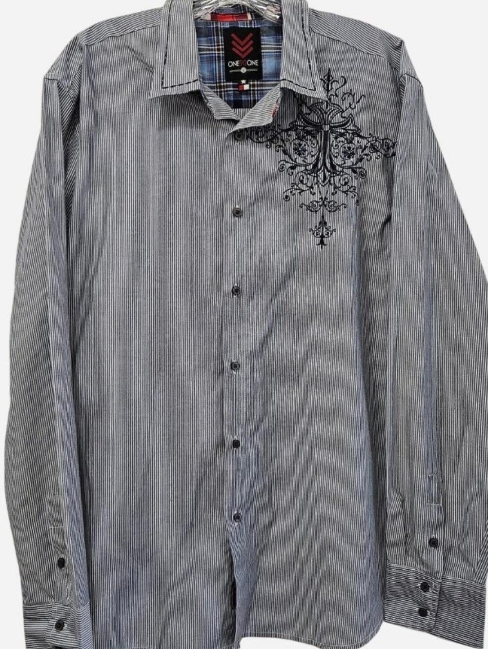 Pin Stripe Long Sleeve Button Down Embroidered Gray White Shirt Mens LARGE